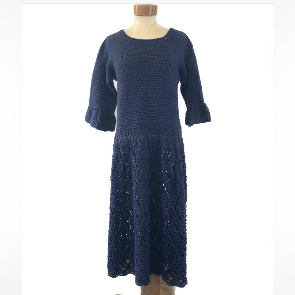 Vintage Hand knit Crochet Midi Dress in Blue